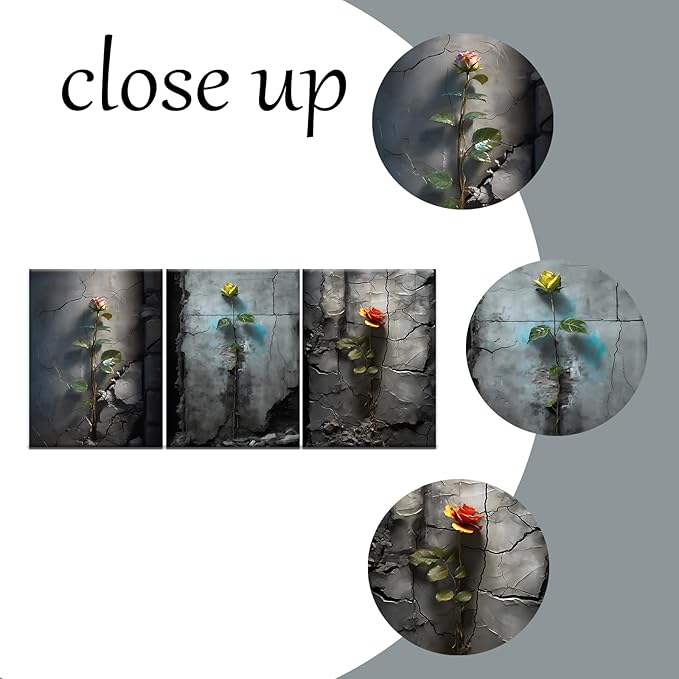 Retro Floral Canvas Wall Art Home Decor Roses in The Cracked Wall 3 Pieces Posters Print Vintage Theme Painting Artwork for Bedroom Bathroom Pictures Decoration Ready to Hang [36''W x 16''H]