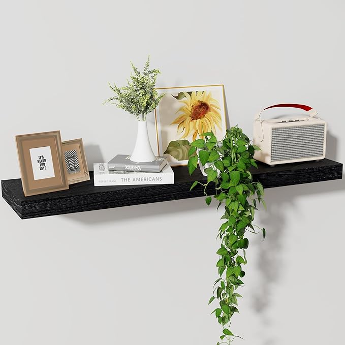 Axeman Floating Shelves, 8 Inch Deep Modern Solid Wood Wall Shelves for Storage, Wall Mounted Display Shelving with Invisible Heavy-Duty Metal Bracket, 36" W x 8" D x 1.6" H, Distressed Black
