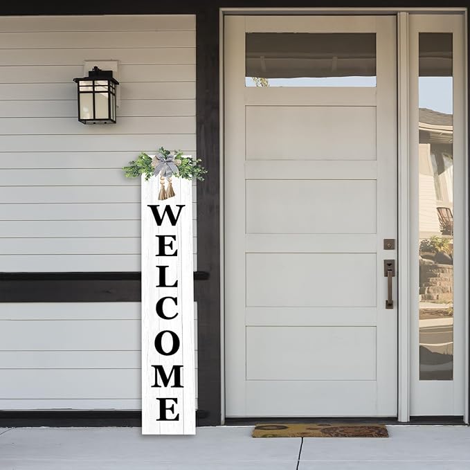 Outdoor Welcome Sign for Front Door Standing 47"X8" Large Farmhouse Wood Framed Tall Leaner Vertical Decor Rustic Home Outside Welcome Sign for Front Porch Decoration (White)