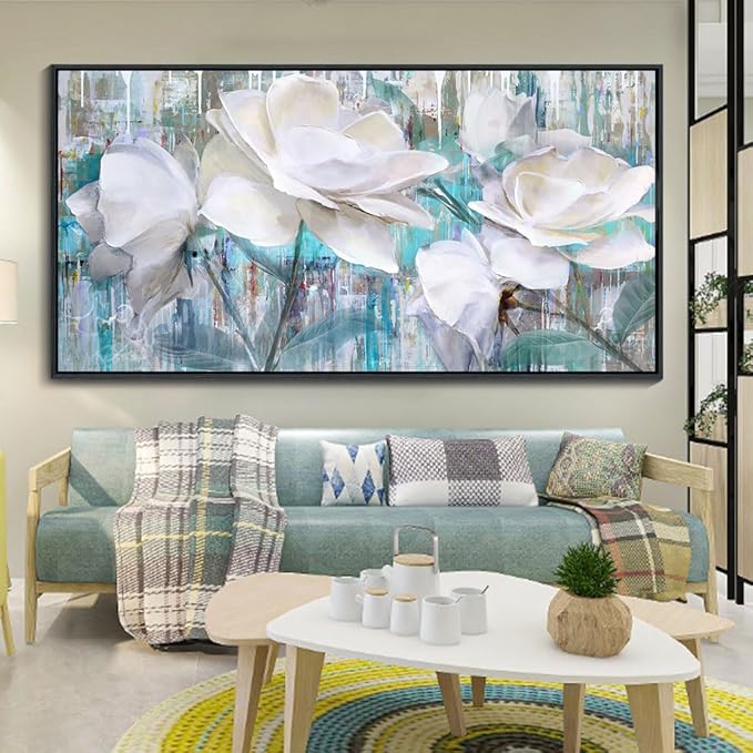 Large Flower Pictures Wall Art White Floral Modern Painting Wall Decor for Living Room Framed Artwork for Walls Bedroom Wall Decor Above Bed 24×48IN