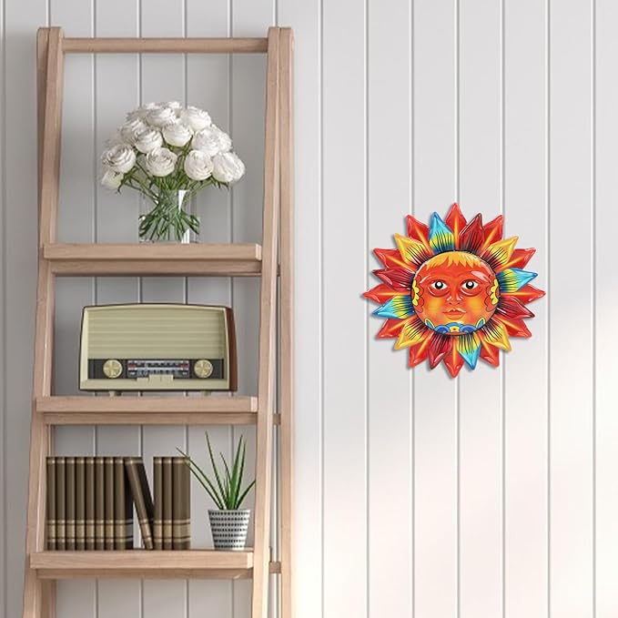 dreamskip Sun Flower Wall Decor, 12 inches Hanging Metal Wall Art, Sun Face Outdoor Wall Sculptures & Statues for Garden Fence Patio Yard Living Room Bedroom Decorations Yellow