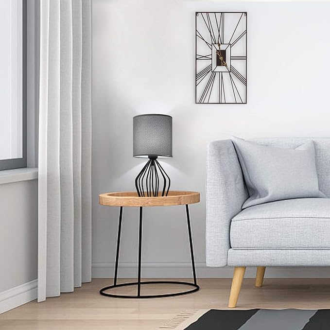 HAITRAL Farmhouse Table Lamp - Small Nightstand Lamp for Bedroom, Black Metal Cage Table Lamp for Living Room, Dorm, Office with Hollowed Out Base, Gray