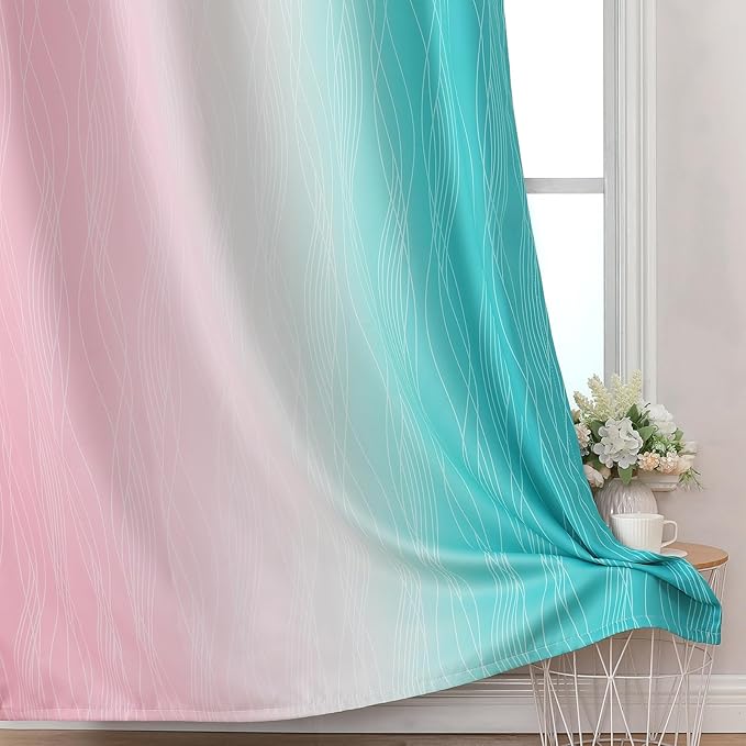 Estelar Textiler Pink and Teal Blackout Curtains 54 Inch Length, Full Light Blocking Gradient Grommet Drapes for Living Room, Thermal Insulated Ombre Curtains for Bathroom, 52Wx54L, 2 Panels