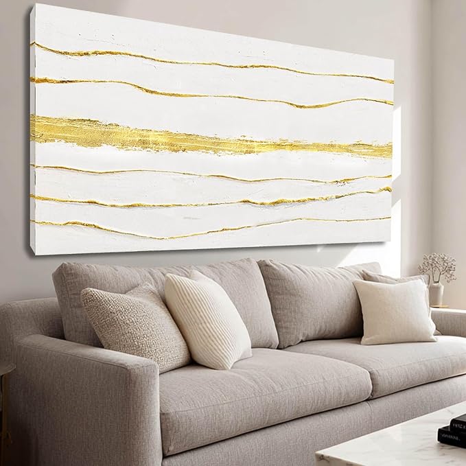 Gold Line Art Minimalist Canvas Prints Abstract Wall Decor White Pictures Wall Art for Home Dining Room Office 24x48 Inch Modern Artwork