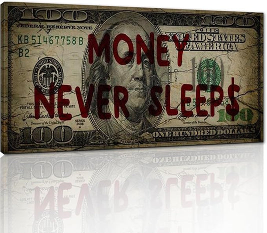 Canvas Money Wall Art Money Never Sleeps Inspirational Dollar Artwork Poster Canvas Painting Framed Ready to Hang-40x20 inches