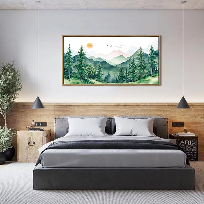 ANHUIB Watercolor Forest Wal Art 20x40 Inch Framed Green Mountain Range Canvas Wall Decor Pine Tree Painting Nature Landscape Wall Art Set of 3 for Living Room Bedroom Office