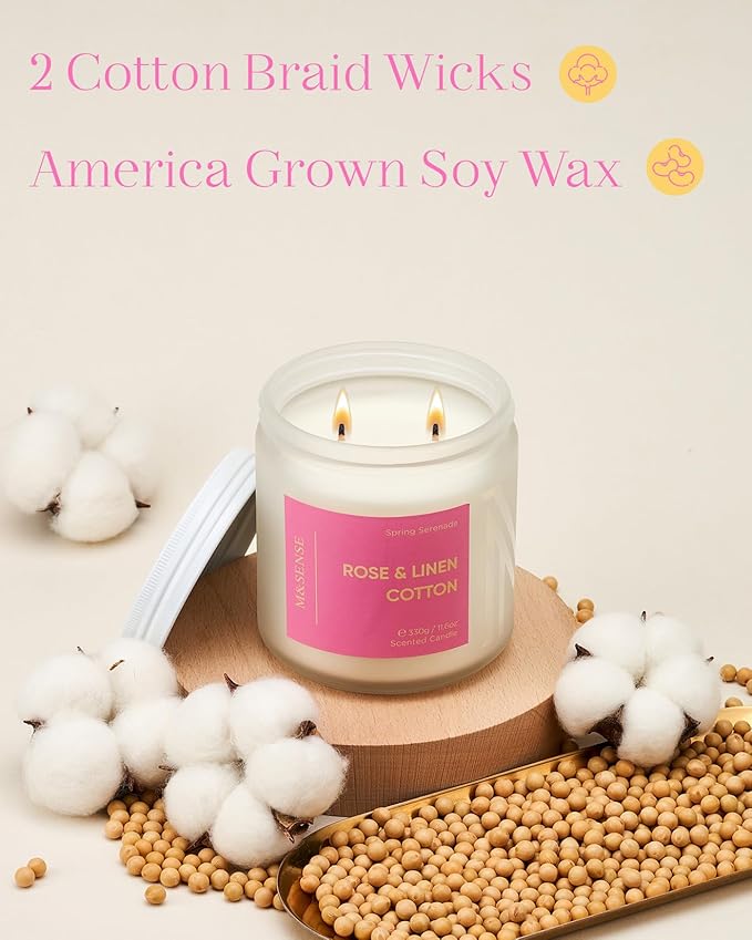 M&SENSE Rose Linen Cotton Spring Scented Candle - 11.6oz Natural Soy Wax Non Toxic Candle for Mothers Day 70-Hour Slow-Burning Time Aromatherapy Gifts for Women & Home Decor