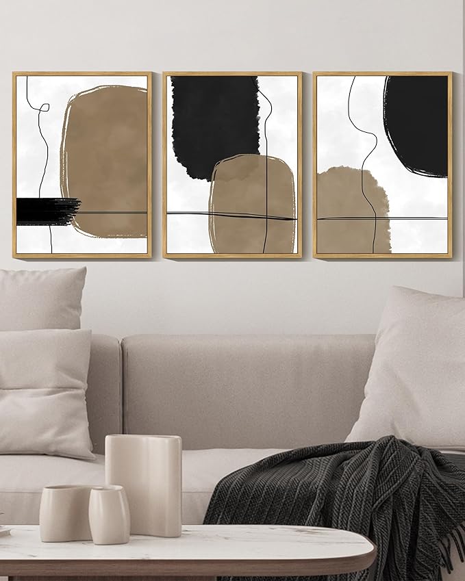 KUVIOKE Abstract Wall Art Framed Neutral Beige Mid Century Textured Artwork Black Minimalist Line Modern Illustrations Bedroom Hallway Ready to Hang 11x14in (Natural Framed)