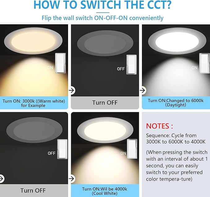 8 Inch LED Recessed Light with Junction Box.6Pack Ultra Thin LED Recessed Lights 3CCT 3000K/4000K/6000K Selectable Dimmable,18W 8" Ceiling Canless Light Downlight, Can Killer Lighting CR80+