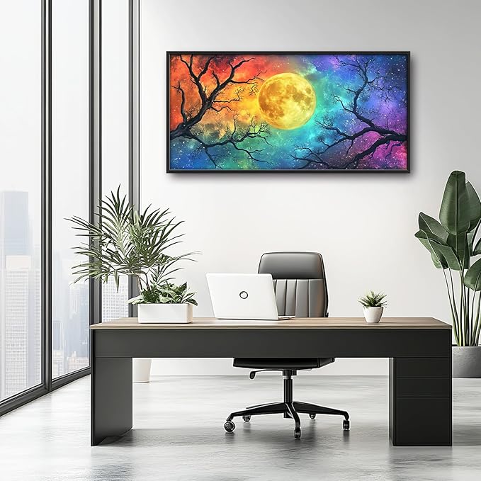Extra Large Framed Abstract Moon Wall Art,Oversized Colorful Starry Night Tree Branch Wall Decor Pictures for Living Room,Canvas Print Painting Modern Artwork Bedroom Office Bathroom 60L x30W