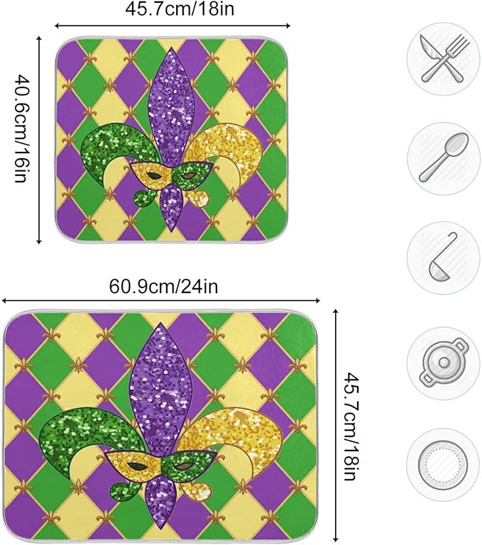 Mardi Gras Fleur De Lis Dish Drying Mat 16 X 18 Inch Rhombus Carnival Mask Absorbent Microfiber Dry Dishes Pads Tableware Mats Protector for Kitchen Countertops Counter Home Decorations