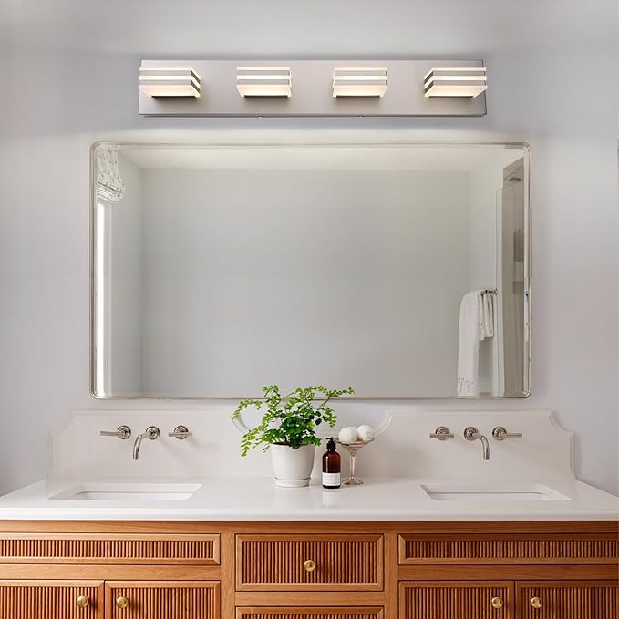 4-Light LED Brushed Nickel Vanity Lights for Bathroom Light Fixtures Adjust 3 Colors Modern Bath Lighing Over Mirror LED Vanity Light 27inch