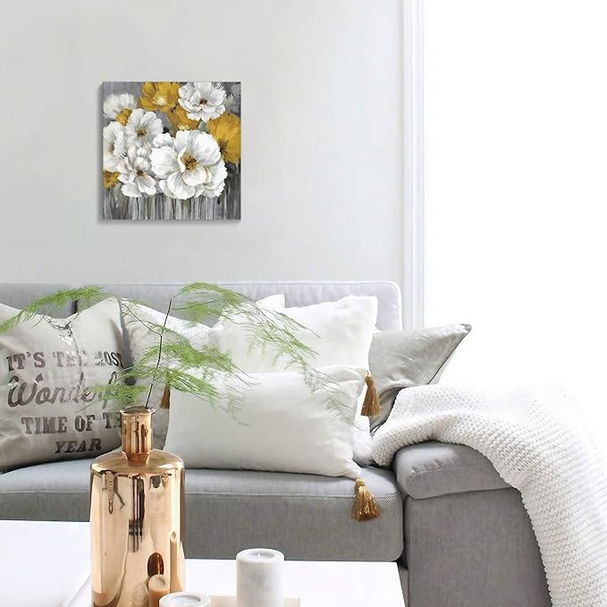 Floral Rustic Farmhouse Canvas Wall Art 14x14in Framed Oil Painting Yellow Flower Decor for Bathroom Kitchen Bedroom & Living Room