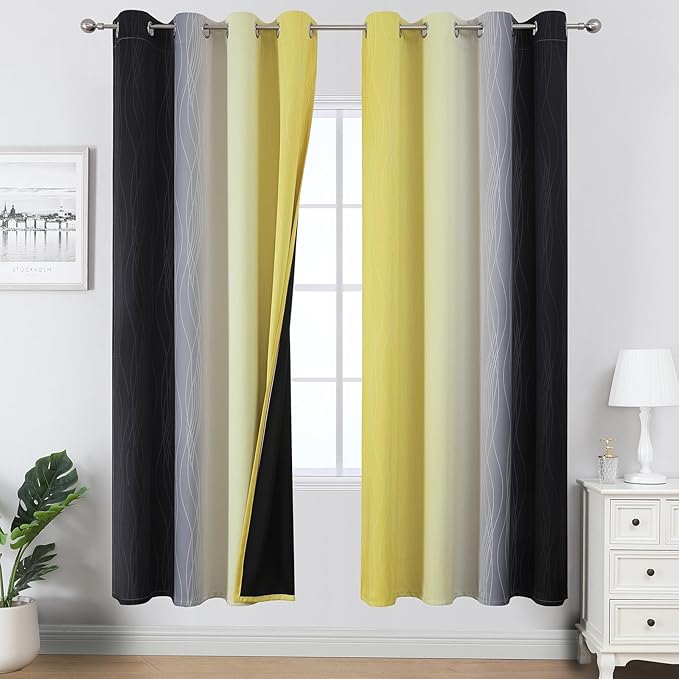 Estelar Textiler Black and Yellow Blackout Curtains for Living Room, Full Room Darkening Grommet Ombre Curtains for Bedroom, Thermal Insulated Light Blocking Gradient Drapes, 52Wx72L, 2 Panels