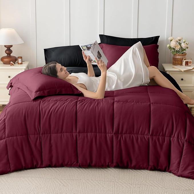 JOLLYVOGUE California King Comforter Set, Ultra-Soft Bed in a Bag Cal King Size 7 Pieces, Oeko-TEX Certified Bedding Set with Down Alternative Comforter, Sheets, Pillowcases & Shams, Burgundy & Black