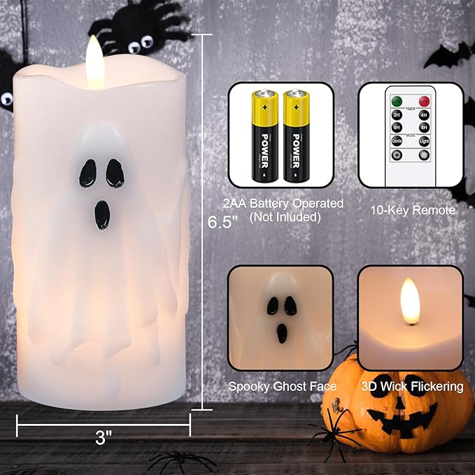Eldnacele Halloween Flameless Candles with Remote and Timer, Battery Operated Hand Painted Ghost 3D Wick Flickering Real Wax White LED Pillar Candles Spooky Ghost Face Halloween Decor(2pcs,D3×H6.5)