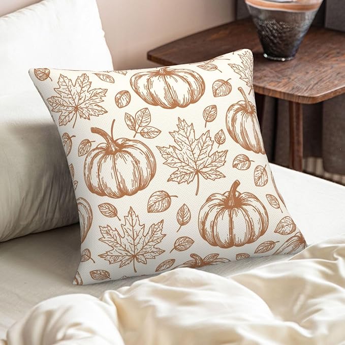 Fall Pumpkin Pillow Covers 20x20 inch Set of 2, Linen Autumn Outdoor Thanksgiving Harvest Fallen Leaves Rustic Farmhouse Decorations for Sofa Couch