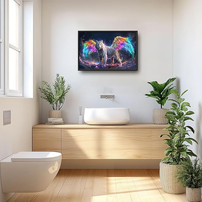 Flintis Large Tiger Wall Art White Tiger Angel Wings Pictures Wall Decor Abstract Animal Canvas Painting Print Artwork Decoration Framed for Living Room Bathroom Master Bedroom Office 36L x 24W