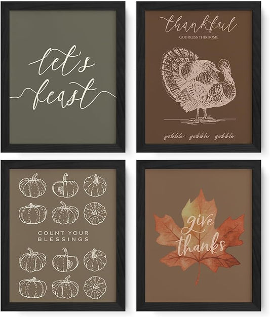 JXREQ Thankful Turkey Pumpkin Wall Decor Maple Leaves Posters, Let's Feast Thanksgiving Harvest Wall Decor, Fall Wall Art Prints for Kitchen Bedroom Living Room Office 4Pcs, 8x10 Inch Unframed