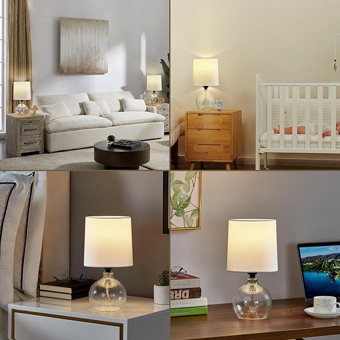 Small Table Lamps Set of 2-13.5" Modern Table Lamp for Bedroom - Bedside Lamps - Glass Table Lamp for Small Spaces, Living Room, Nightstand, Office, Side Desk Lamp, End Table