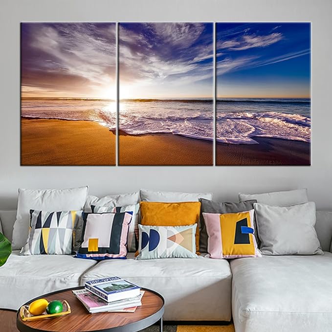 Beach Sunset Wall Decor Large Poster Wall ArtNatural Landscape Sea Waves Print on Canvas HD Picture Painting Artwork for Modern Home Living Room Gym Office Stretched and Framed [72''W x 36''H]