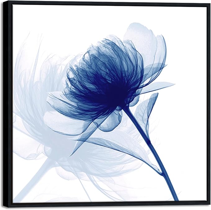 Pyradecor Large Black Framed Wall Art Blue Flickering Flower Grace Floral Pictures on Canvas Prints One Panel Artwork for Bedroom Office Home Decorations