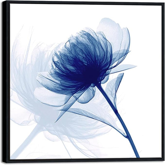 Pyradecor Large Black Framed Wall Art Blue Flickering Flower Grace Floral Pictures on Canvas Prints One Panel Artwork for Bedroom Office Home Decorations