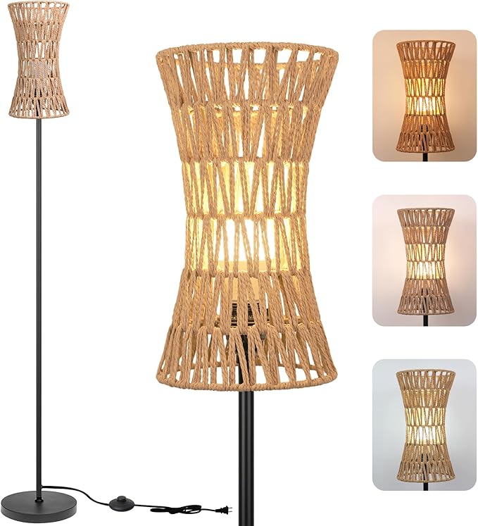 Floor Lamp for Living Room,Slim Waist Rattan Floor lamp,Modern Standing lamp with Bohemia Rattan Shade,Black Tall Lamp with Foot Switch