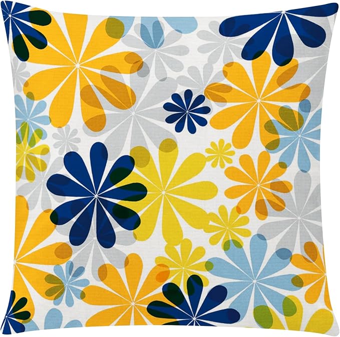 Blue Orange Pillow Covers 16x16 Set of 6, Yellow Blue Throw Pillow Cover for Couch, Daisy Dahlia Flower Pillowcase for Sofa Bedroom Living Room Farmhouse Home Decor