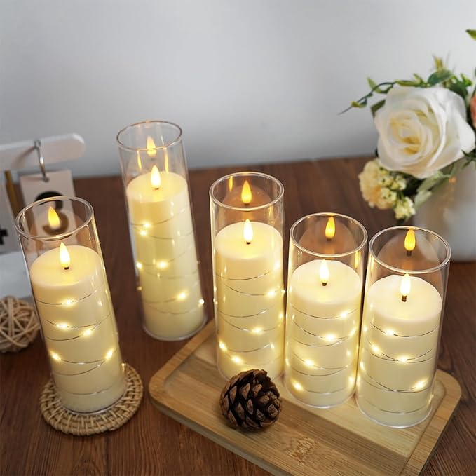 Flameless Candles,with Embedded Star String, Battery Operated Candles Flickering LED Pillar Candles with Remote Control and Timer, Home Decoration Add a Warm and Romantic Atmosphere，Set of 7 (Ivory)