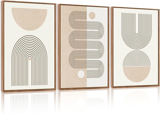 CHDITB Framed Boho Wall Art Set of 3, 24"x36" Beige Mid Century Modern Wall Decor, Abstract Geometric Line Wall Painting, Large Neutral Bohemian Canvas Art Print for Living Room, Bedroom, Office