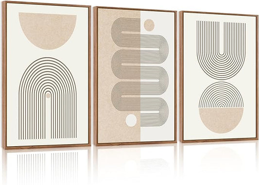 CHDITB Framed Boho Wall Art Set of 3, 24"x36" Beige Mid Century Modern Wall Decor, Abstract Geometric Line Wall Painting, Large Neutral Bohemian Canvas Art Print for Living Room, Bedroom, Office