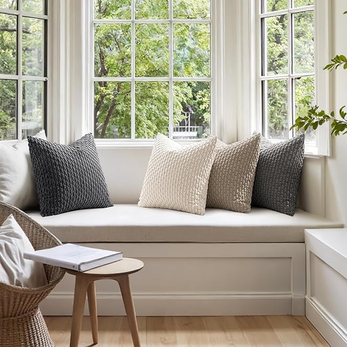 MIULEE Throw Pillow Covers Soft Couch Decorative Set of 4 Boho Striped Neutral Cushion Covers Corduroy Pillowcases Mid Century Farmhouse Home Decor for Couch Bed Sofa Living Room 18x18 Inch Grey