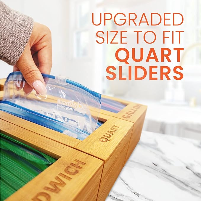 mHomeAid Bag Storage Organizer - Bamboo Food Plastic Baggie Holder, Dispenser, and Container for Kitchen Drawer - Fits Ziplock and Ziploc Gallon, Quart, Sandwich & Snack Sized Slider Bags (Bamboo)