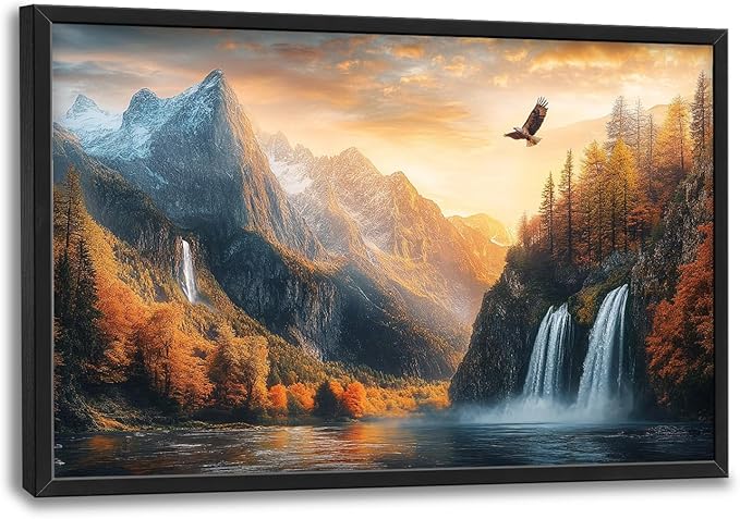 Framed Large Wall Art for Living Room, Mountain Waterfall Canvas Wall Decor, Sunset Forest Tree Pictures Painting, Modern Artwork for Bedroom Office 36L'' × 24W''