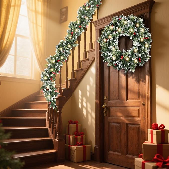 6ft Christmas Garland with Lights,Lighted Artificial Flowering Pine Garland for Mantle,Prelit Faux Green Christmas Winter Garland with Pine Cones and Red Berry for Indoor Outdoor Decor