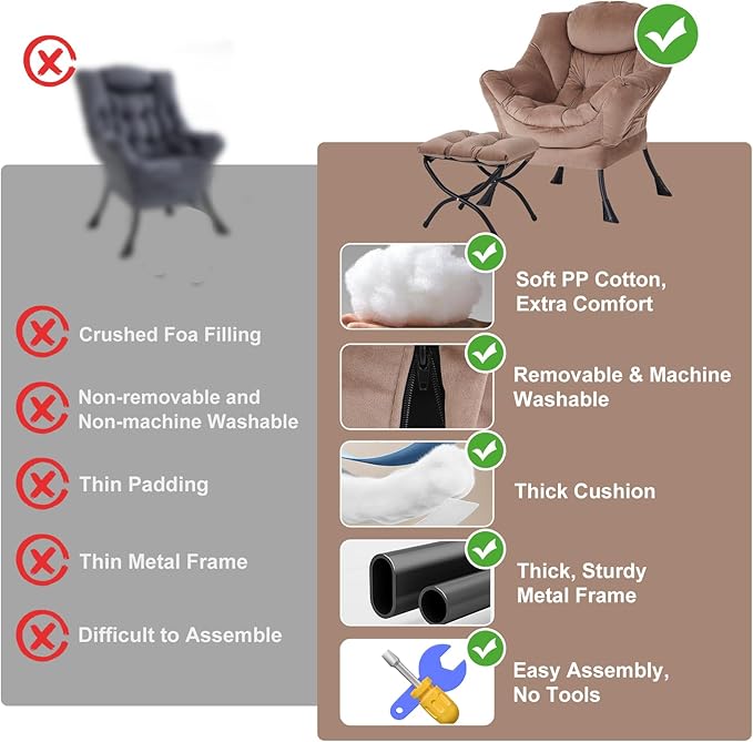 Lazy Chair with Ottoman, Modern Chair with Folding Footrest, Lounge Accent Chair, Comfortable Reading Chair, Oversized Armchairs for Bedroom, Study, Living Room, Courtyard (Khaki)