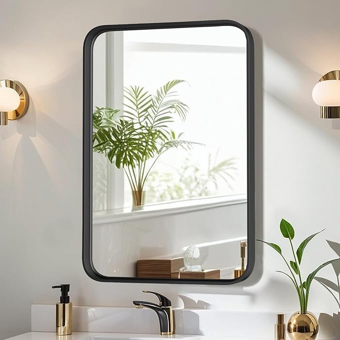 Bathroom Mirror 30x22 Inch Black Metal Framed Rounded Rectangle Vanity Mirror for Wall, Over Sink, Farmhouse, Restroom, Anti-Rust, Modern Decorative, Horizontal or Vertical Hanging