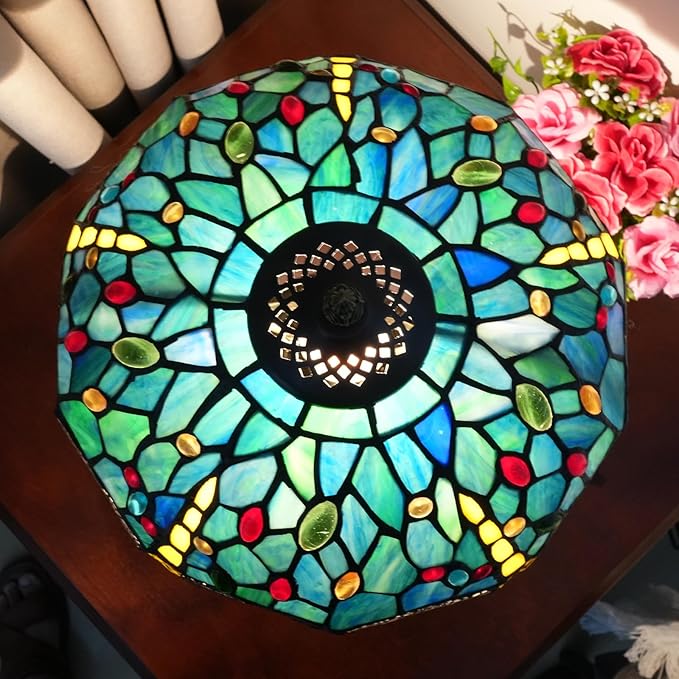 Tiffany Style Stained Glass Table Lamp 12 Inch Blue and Green Dragonfly Reading Bedside Lamp Suitable for Study Dormitory Bedside Coffee Shop Retro Table Lamp Home Decoration Art