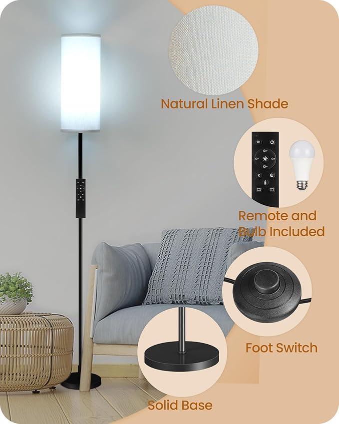 Dimmable Floor Lamp for Living Room with Remote and Foot Switch, Corner Floor Lamp, Modern Standing Tall Lamp, 10W 900LM LED Bulb Included, 3000K-6500K, Linen Shade, Weighted, FCC Listed CW06LD05W1