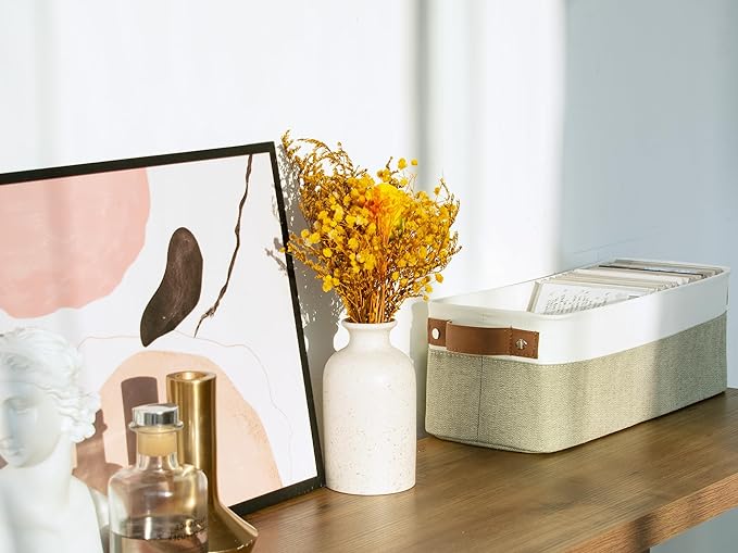 StorageWorks Narrow Storage Bins, Small Basket for Closet and Shelves, Fabric Organizer with Handles, Toilet Paper Storage, Green and White, 2-Pack