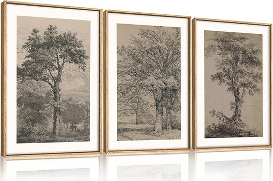 KAIRNE Vintage Tree Sketch Wall Art Set, Antique Tree Drawings Wall Decor, Nature Sketch Wall Painting, Framed Botanical Canvas Art Prints for Living Room, Bedroom, Dinning Room, Farmhouse - 16"x24"x3