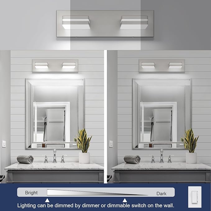 SineRise LED Modern Bathroom Vanity Light Fixtures (2-Light, 15.5-Inch, Dimmable), Brushed Nickel Modern Acrylic Bathroom Wall Lighting Fixtures Over Mirror (Cool White 6000K)