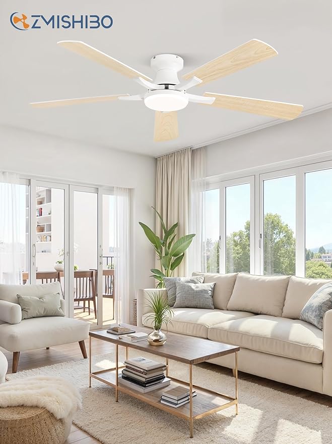 ZMISHIBO 52 Inch Ceiling Fan with Light, App&Remote Control, Flush Mount Low Profile, Dimmable 20W LED Light, Quiet Reversible Motor for Bedroom, Living Room, Apartment, White