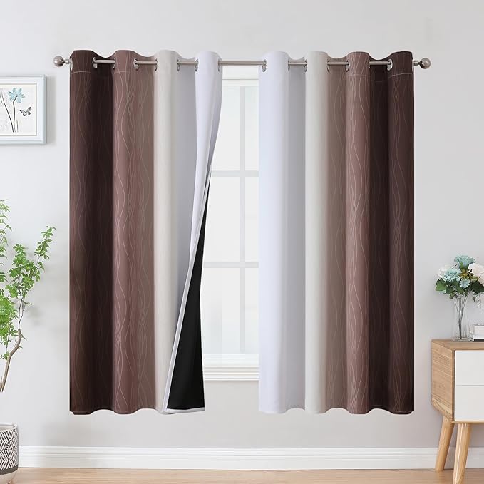 Estelar Textiler Brown and Greyish White Blackout Curtains 63 Inch Length 2 Panels Set, Full Room Darkening Grommet Ombre Curtains for Bedroom, Thermal Insulated Light Blocking Gradient Drapes,52Wx63L