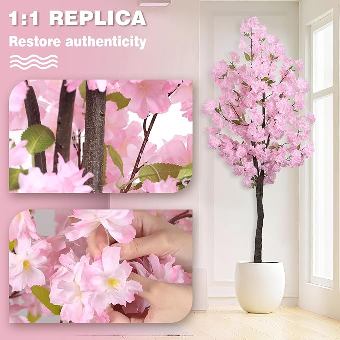Artificial Pink Cherry Blossom Tree 5.5ft(67in) Tall Fake Silk Leaves Indoor Decor Handmade Lifelike Sakura Tree for Wedding Realistic Cherry Plant in Pot for Home Living Room,Office,Outdoor Decor