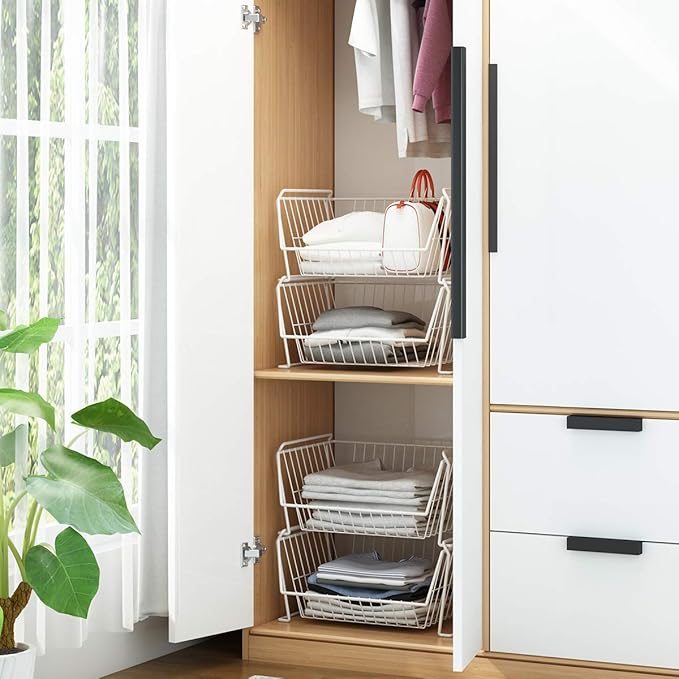 PUSDON Stackable Metal Storage Carts, Dual Use Shelf for Kitchen Fruit Vegetable Baskets with Wheels, Storage Rack for Living Room, Home & Office, Standard White 4 Tiers