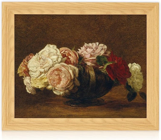 Brivoria Framed Canvas Wall Art Vintage Decor, Antique Floral Still Life Print with Roses and Warm Autumn Background for Entryway Hallway Reading Nook Office or Bathroom Classic Fall Display, 13"x16"