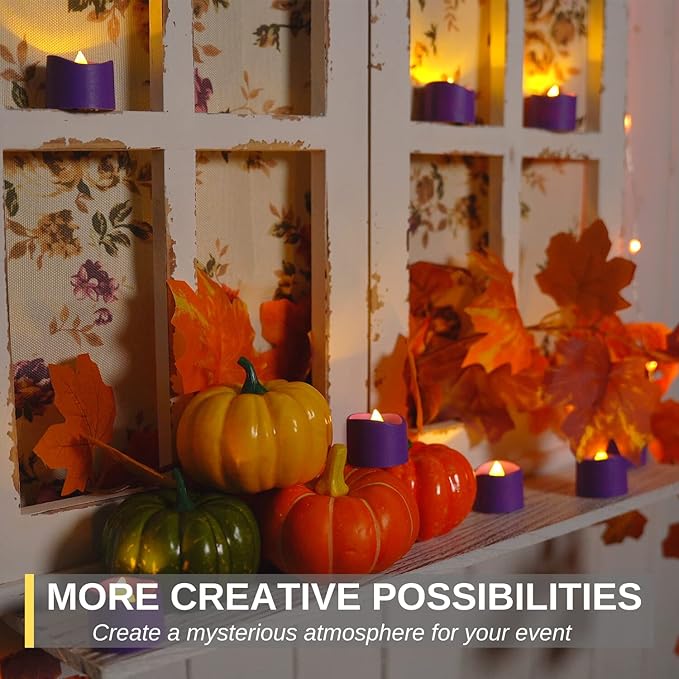 Homemory Purple Tea Lights Candles Battery Operated, 200+Hour Flameless Flickering Fake Electric LED Colored Tealights Candles for Party, Wedding, Halloween, Mardi Gras, Holiday Decor, 24-Pack