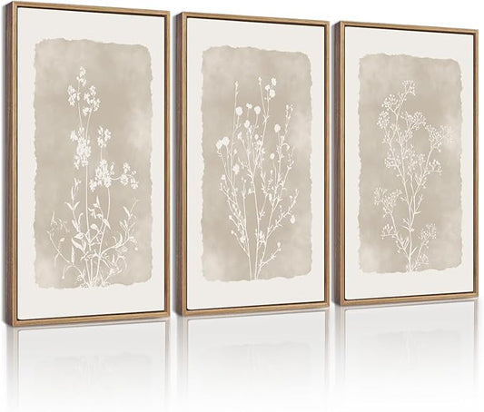 KUVIOKE Boho Botanical Flower Wall Art Framed Vintage Floral Wall Prints Wildflower Neutral Rustic Bohemain Artwork Kitchen Bedroom Decor 16x24in (Natural Framed)